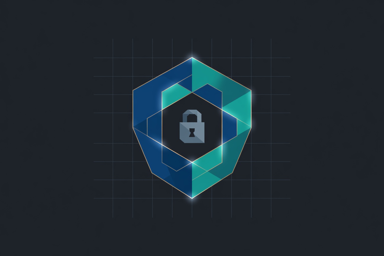 Abstract geometric shield and lock motif in blue-green tones, no logos or text