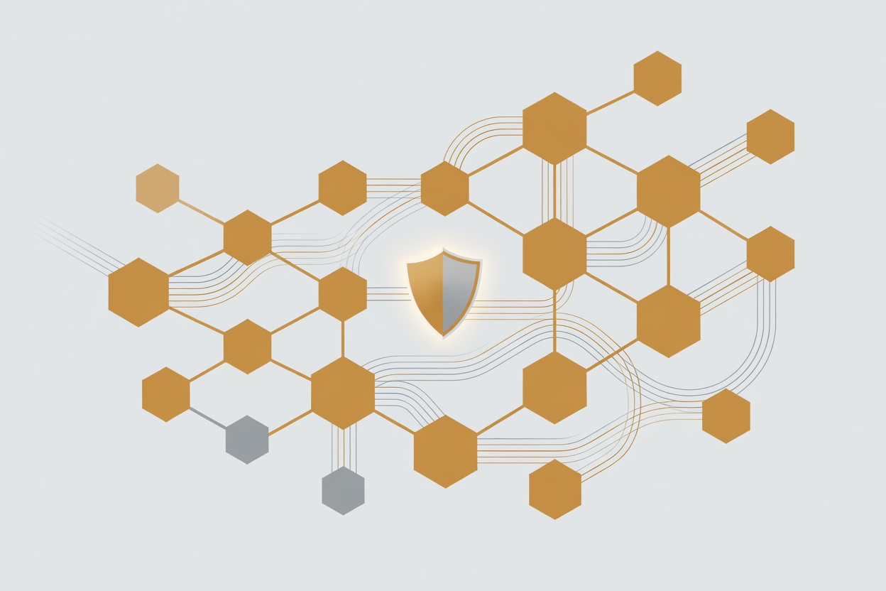 Abstract interconnected hexagonal nodes forming a secure network grid, with a central glowing shield symbol and flowing data streams