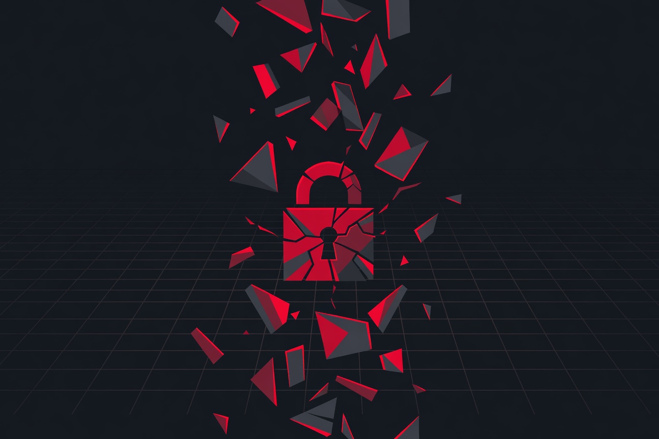 A cracked digital lock surrounded by cascading credential fragments against a dark grid background
