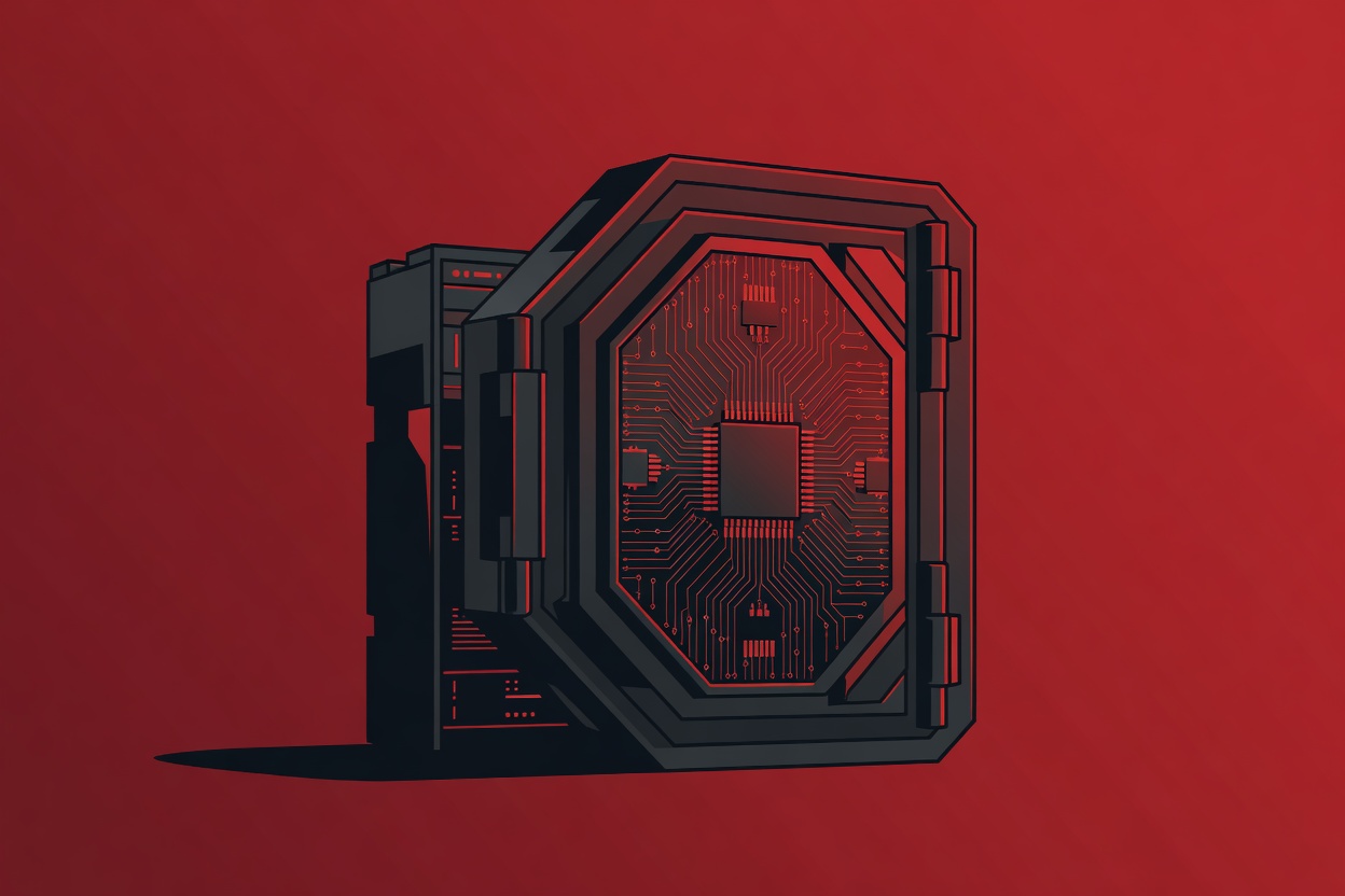 Abstract locked vault door with circuit board patterns representing enterprise security and access control