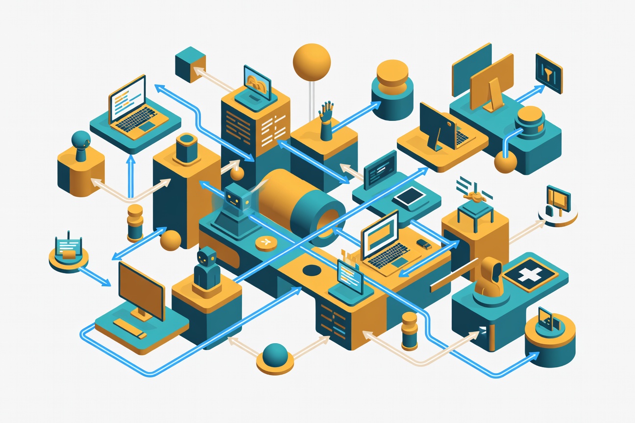 An abstract workstation made of interconnected gears and glowing data streams, representing a modular AI agent framework