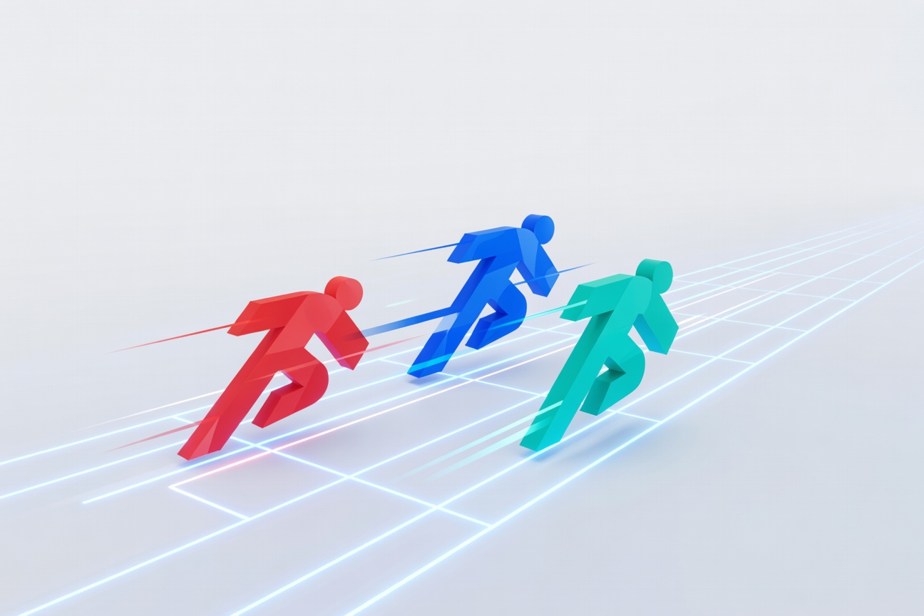 Three abstract geometric shapes racing across a neon-lit digital track — representing competing AI platforms in a stylized competition