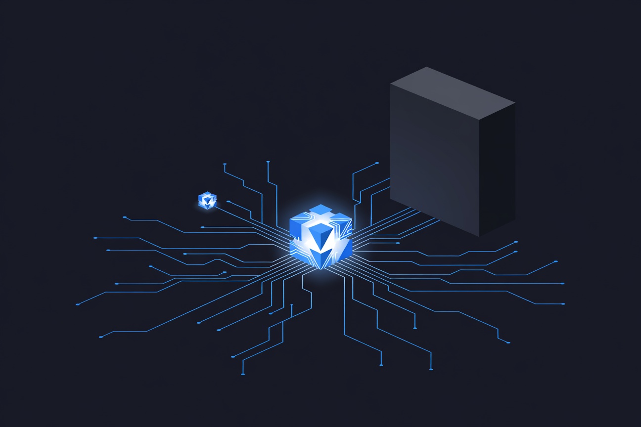 A compact glowing circuit board shaped like a small cube, emitting branching agent paths across a dark surface, with a scale comparison showing a tiny cube next to a massive monolith