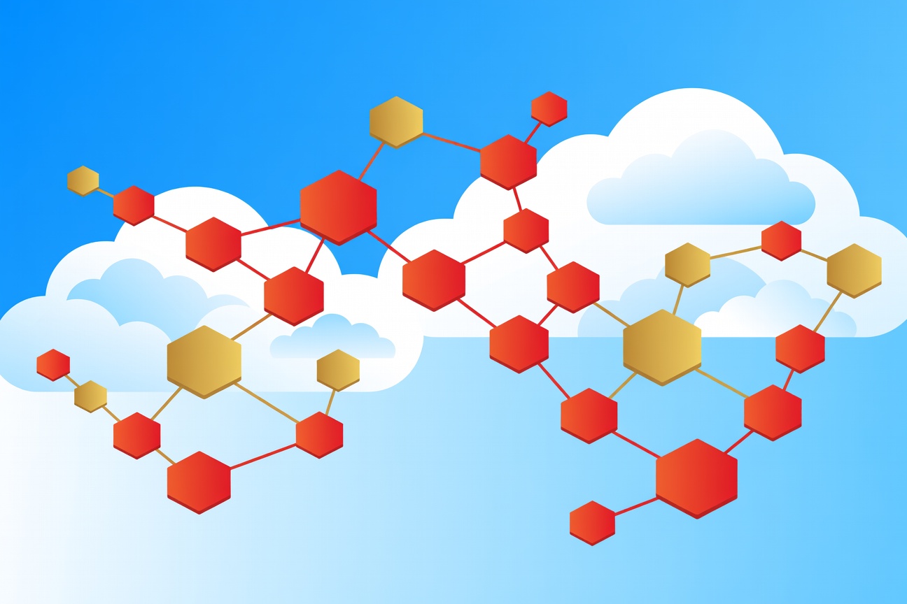 Abstract Chinese cloud architecture motif with interconnected floating hexagonal nodes in red and gold gradients