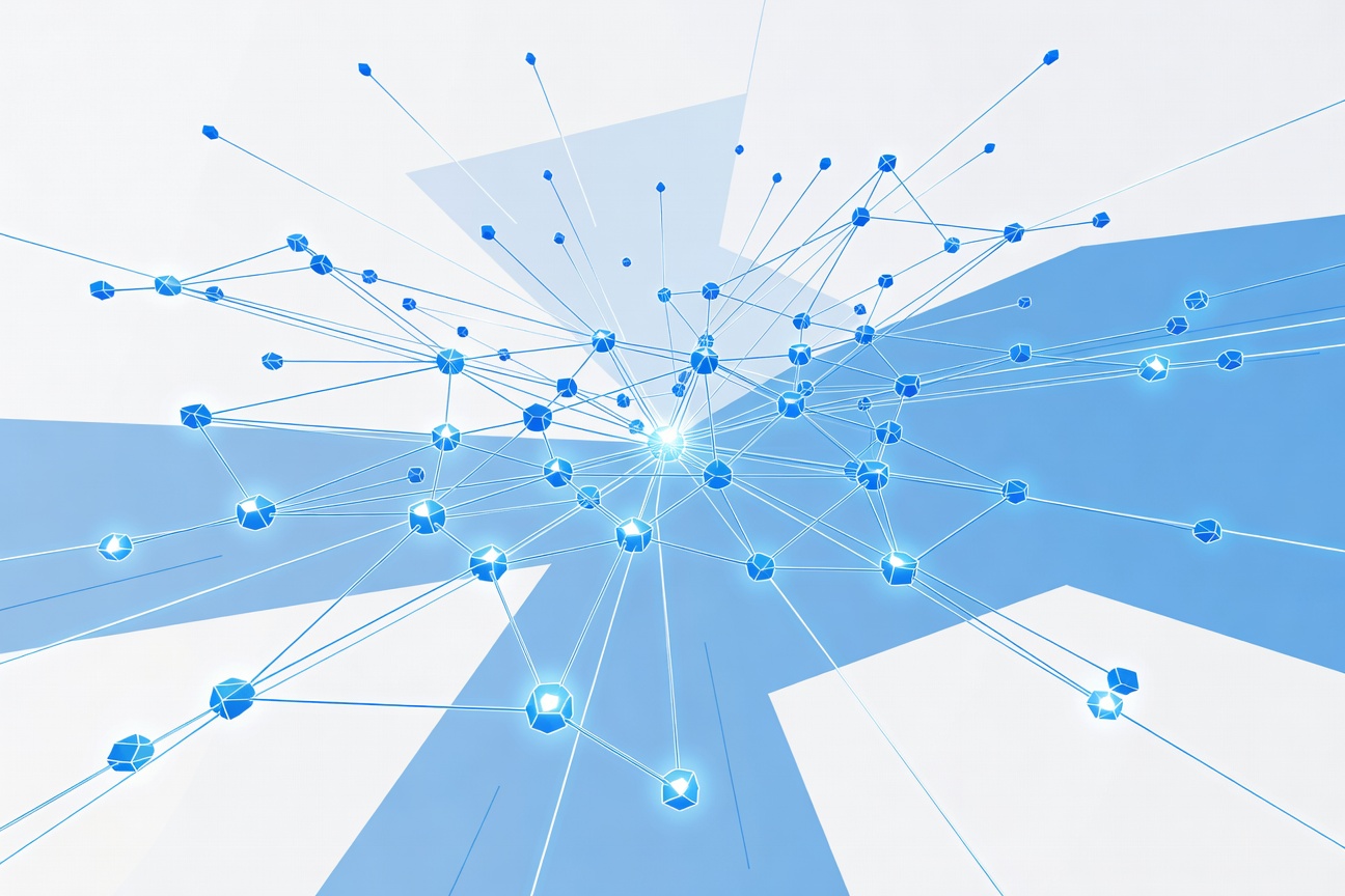 Abstract illustration of a glowing network map over a stylized outline of China with interconnected commerce nodes