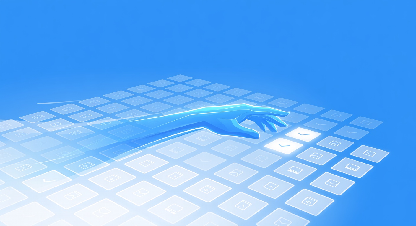 A glowing robotic hand selecting items from a vast, luminous digital product grid floating in space