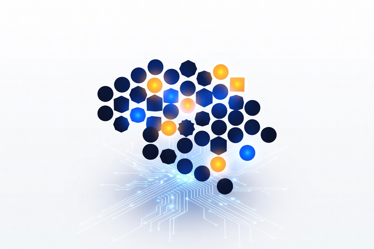 A glowing sparse neural network diagram with most nodes dark and only a handful brightly lit, floating above circuit board topology lines in deep blue and amber