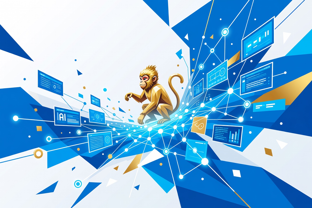 A golden monkey figurine surrounded by glowing network nodes representing multi-agent orchestration