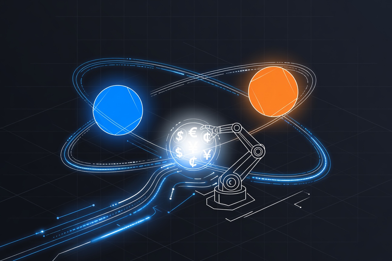 Two glowing geometric spheres representing Alipay and Coinbase orbiting a central node labeled AI Agent Commerce, connected by flowing light trails on a dark abstract grid