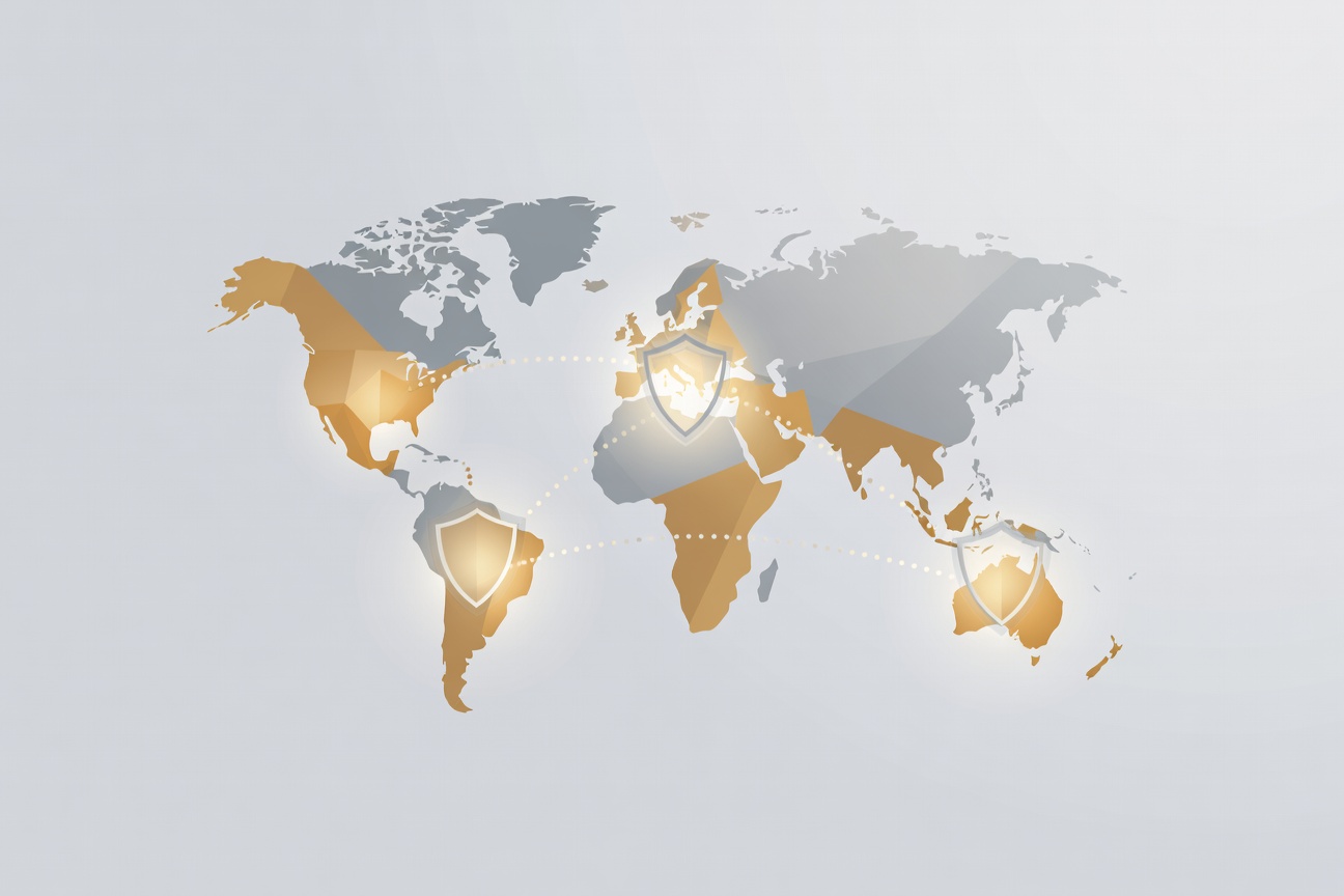 Abstract globe with regional data nodes connected by secure lines, representing sovereign cloud infrastructure