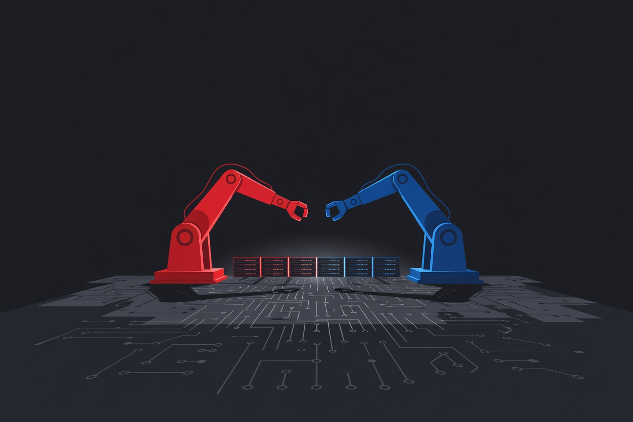 Two opposing robotic arms in red and blue locked in combat over a circuit board landscape, representing competing security AI agents