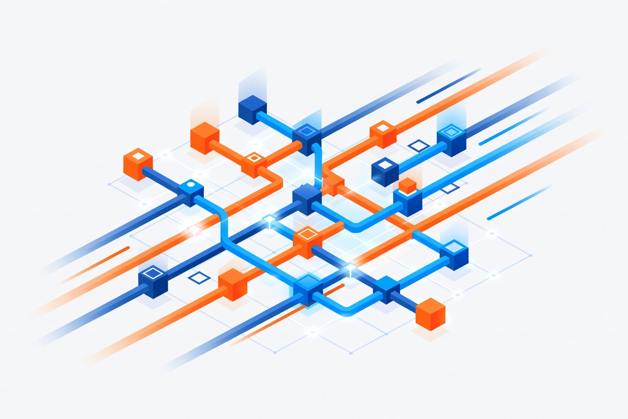 Abstract 3D blueprint of interconnected agent pipelines flowing through a cloud infrastructure grid