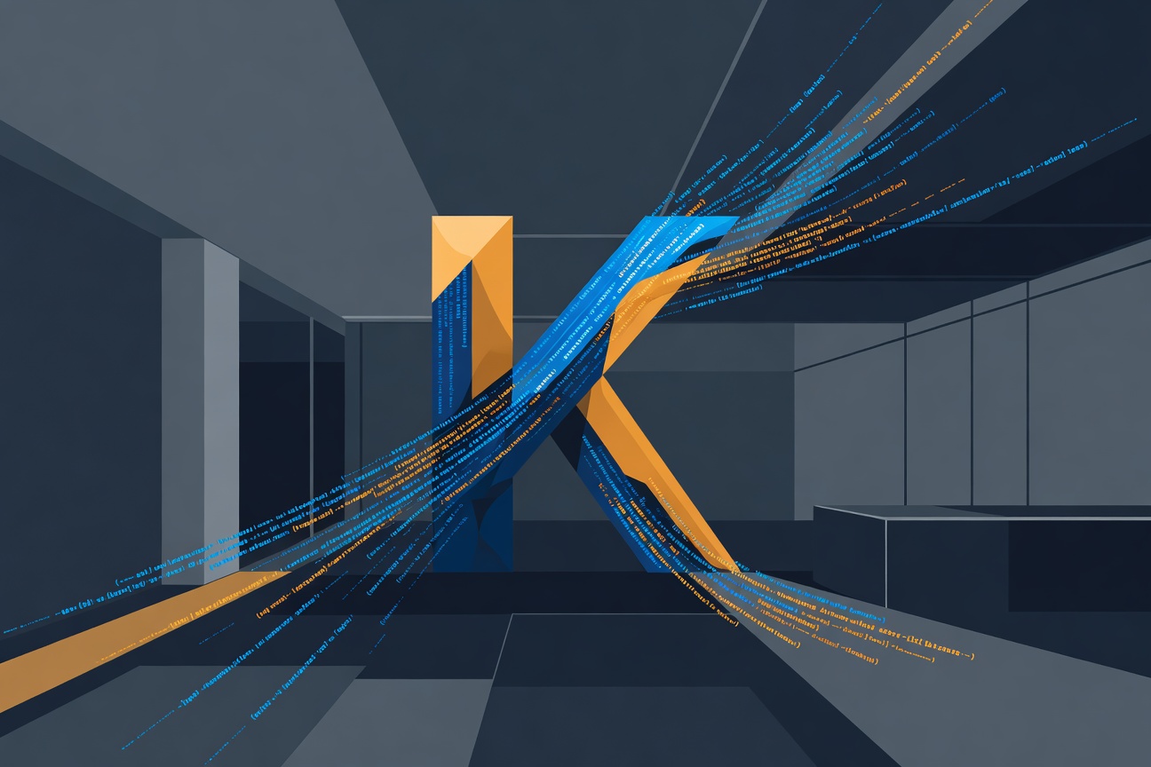 A large corporate building with the letter K being replaced by glowing code streams in blue and orange