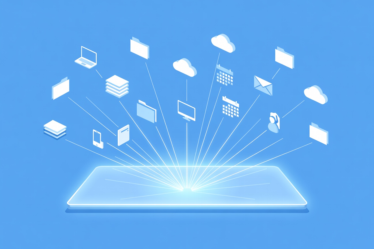A minimalist desktop computer with glowing connection lines branching out to floating icons for files, calendar, email, and cloud services against a dark background
