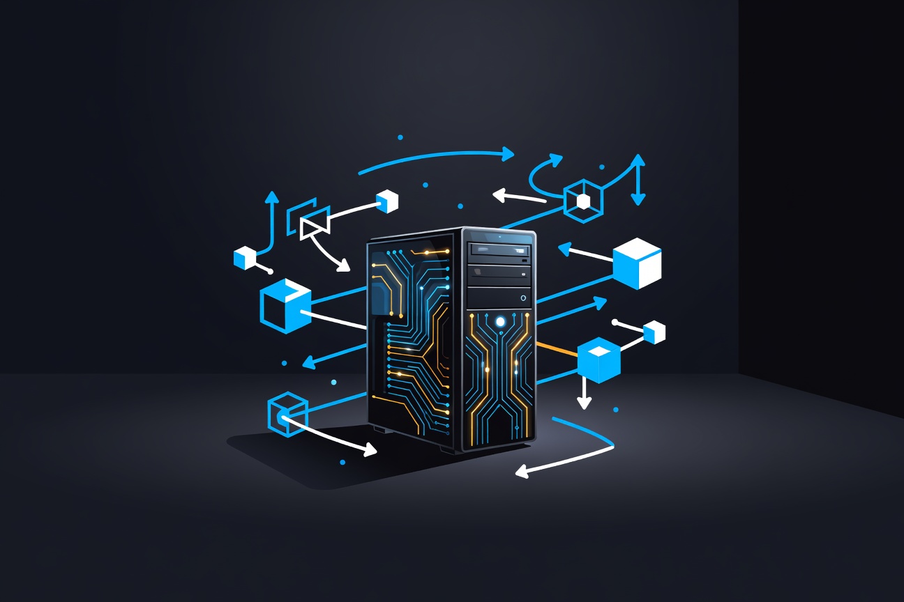 A sleek compact computer tower glowing with blue circuit patterns, surrounded by floating AI workflow nodes in a dark studio setting
