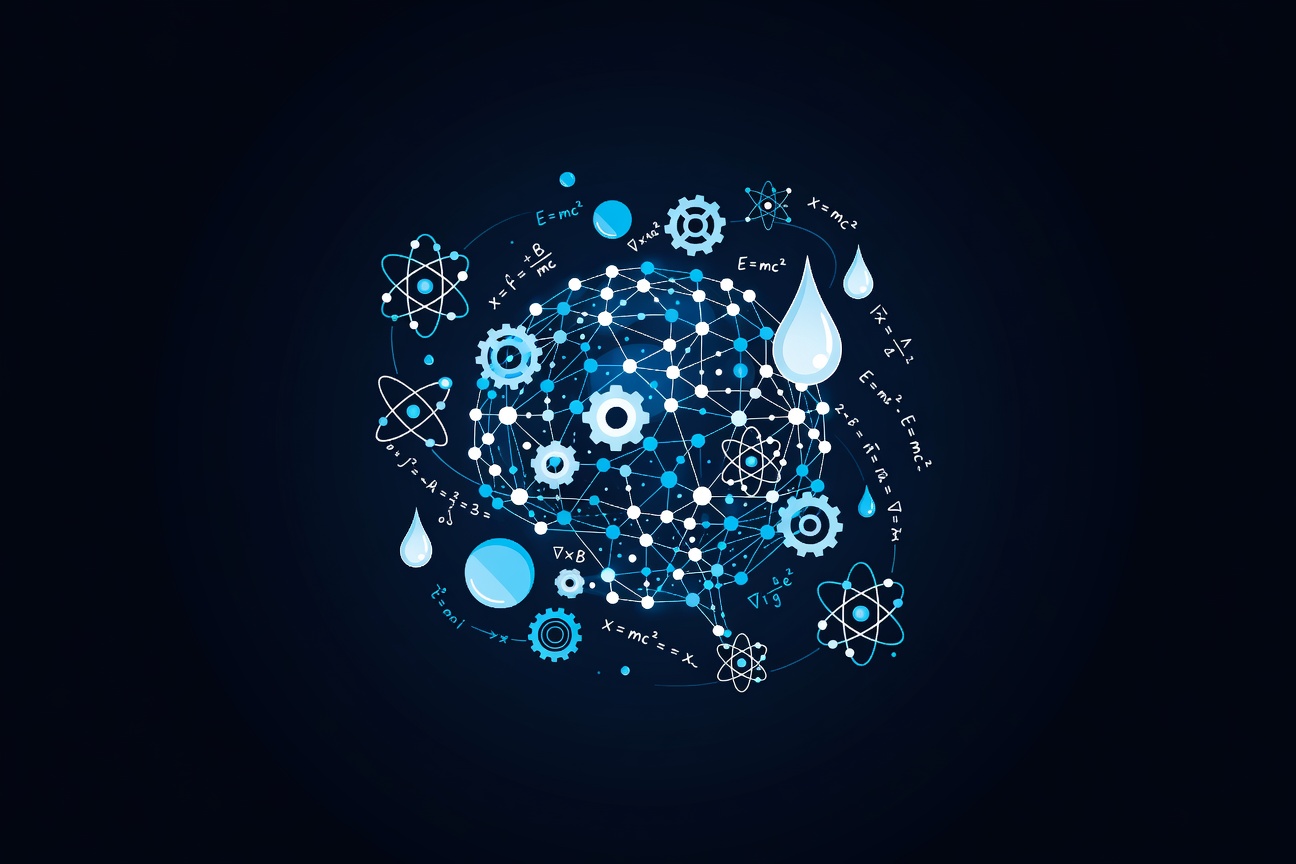 A glowing neural lattice shaped like a globe, weaving together physical objects and equations in deep space