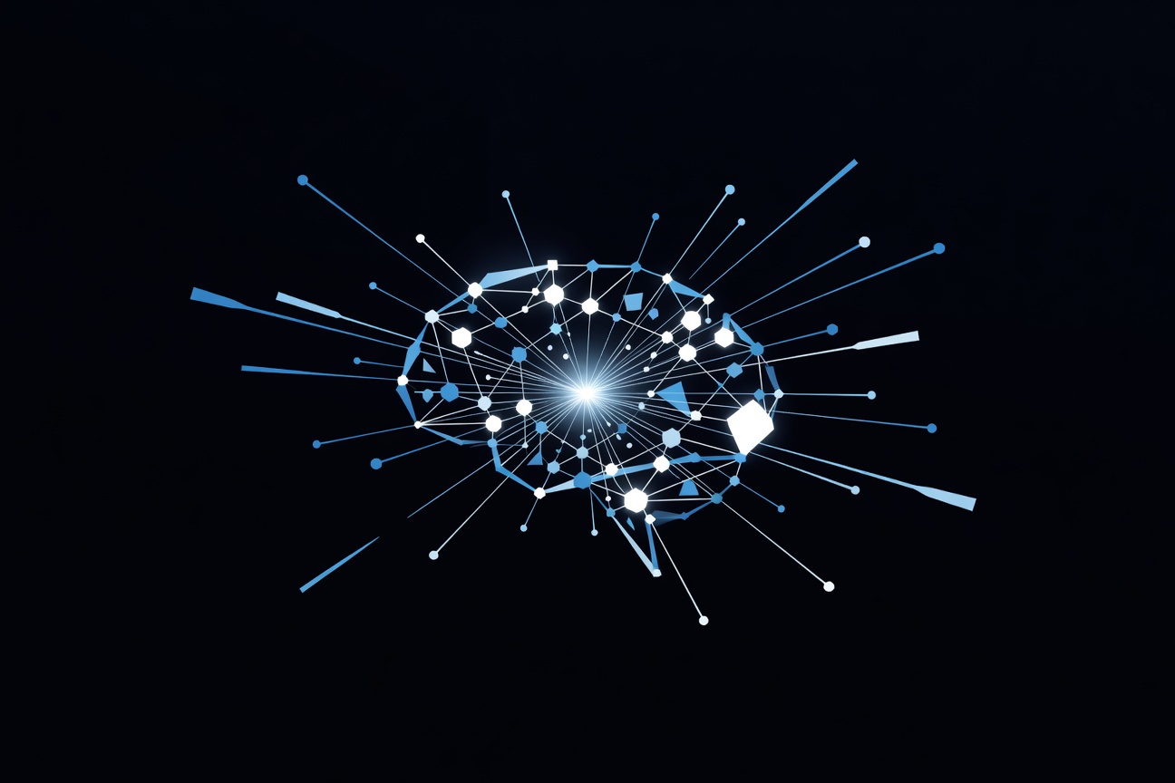 Abstract glowing neural network nodes converging into a single bright central point, symbolizing pre-training concentration of talent and compute