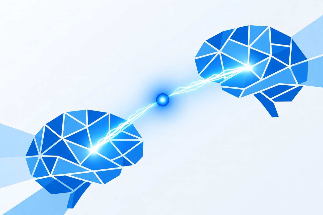A neural network node glowing bright blue as a new connection forms, symbolizing a pivotal moment in AI talent and research
