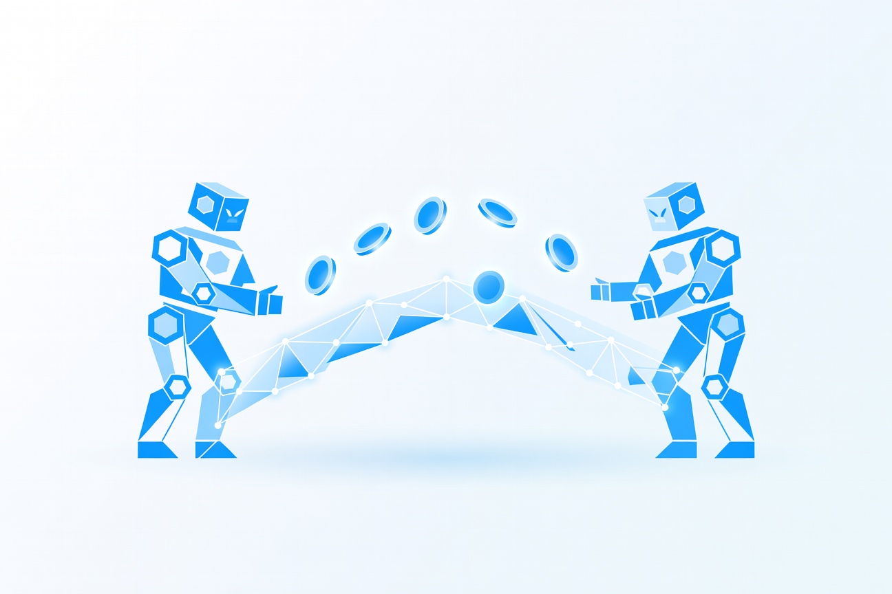 Two abstract robot forms exchanging glowing coins across a blockchain bridge without any human intermediary present