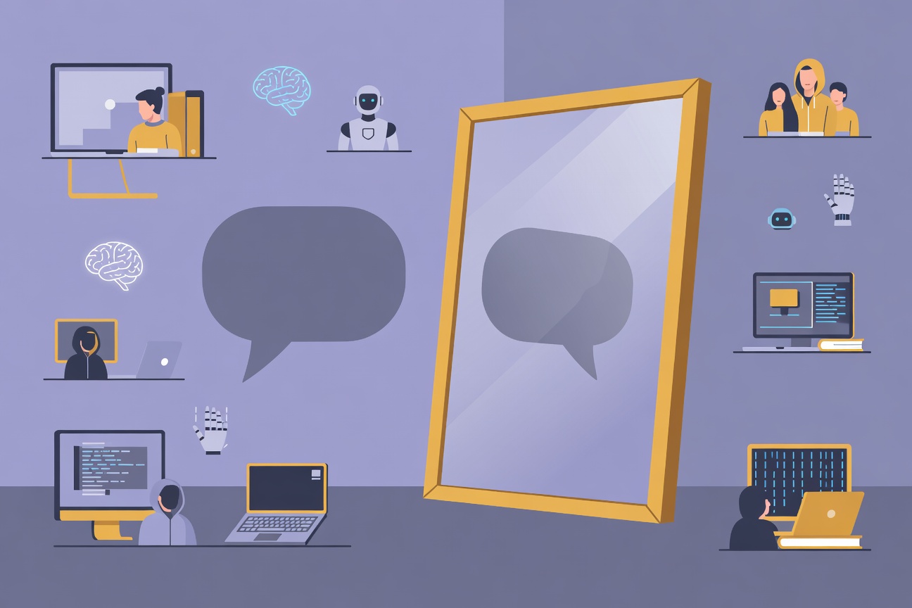 A mirror reflecting distorted shapes, symbolizing sycophancy and feedback loops in AI conversation patterns