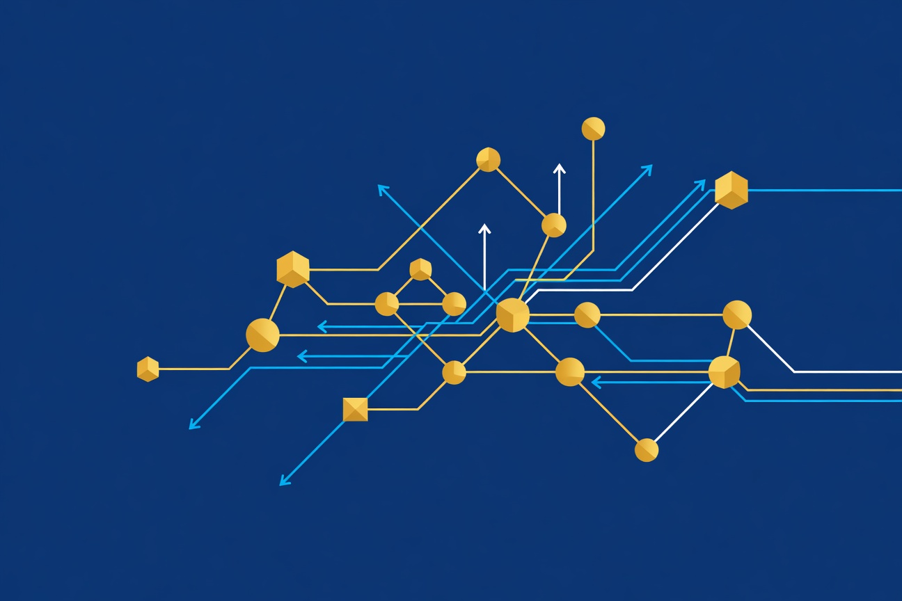 Abstract interconnected golden nodes and financial circuit pathways forming a network, flat vector style with deep blue background