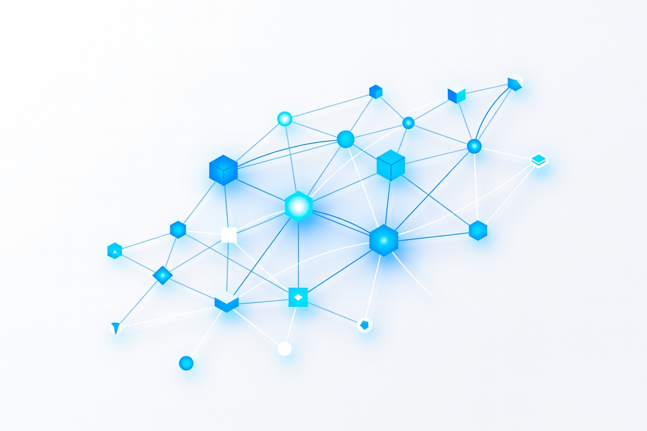 A cluster of interconnected nodes in a web formation, each node glowing with a different color, arranged to suggest a team working in parallel