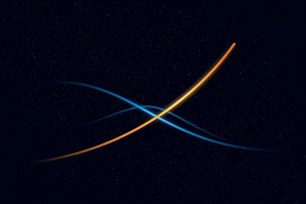 A bold upward curve of glowing orange light against a dark starfield, representing exponential revenue growth trajectory