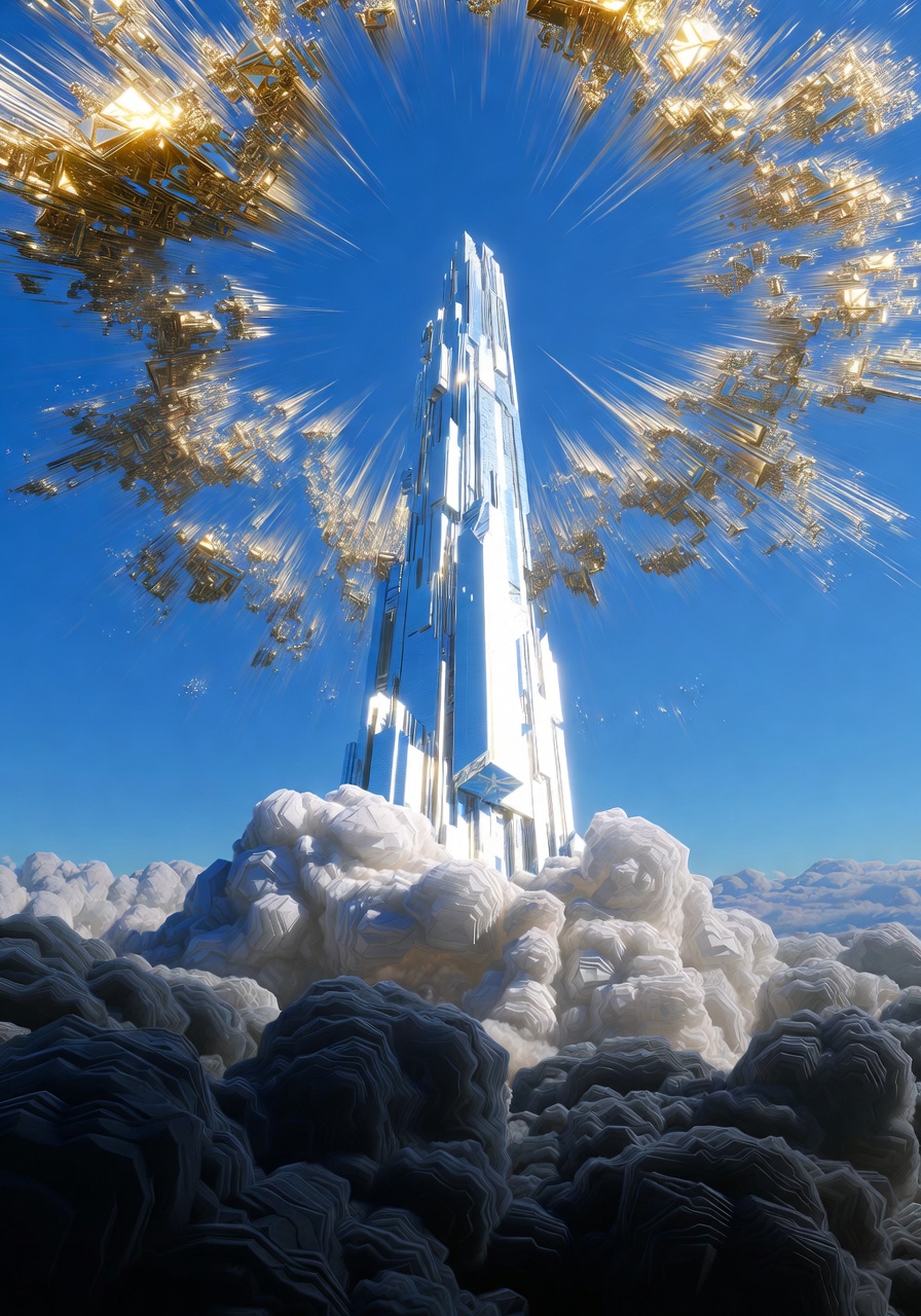 A towering glowing pillar of crystalline light breaking through storm clouds, representing a historic valuation milestone