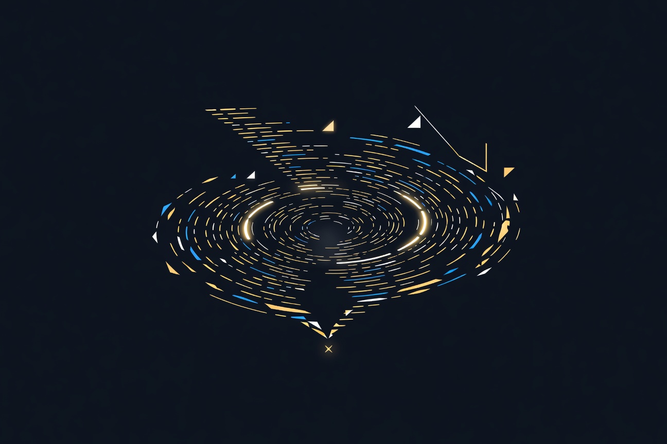 An abstract glowing spiral of code lines flowing upward from a single point, representing exponential code generation on dark background