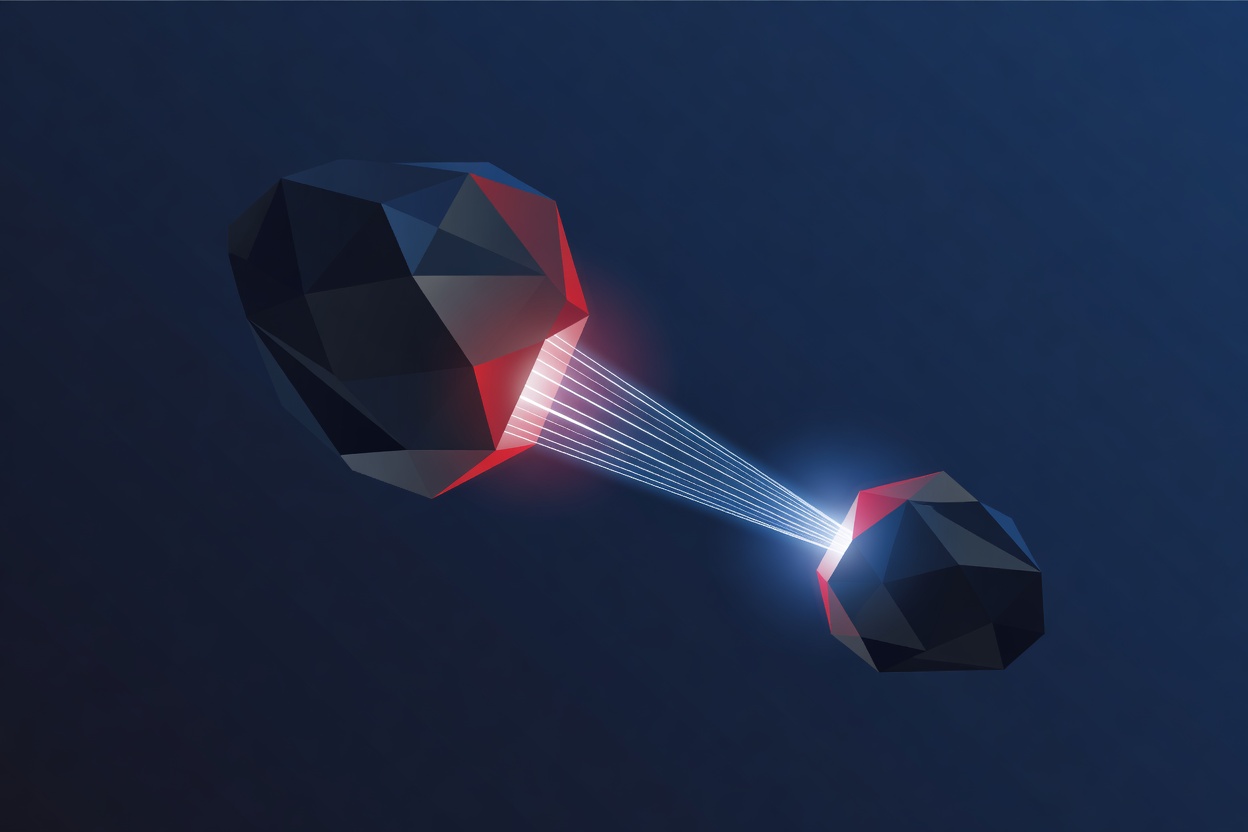 Abstract visualization of a massive data extraction operation — streams of light pouring from one crystalline AI structure into another, in deep blue and red tones