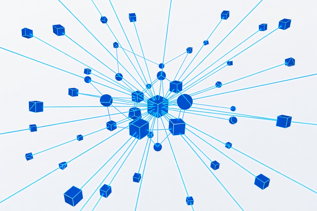 An abstract API network hub with interconnected nodes and glowing connection lines representing SDK infrastructure