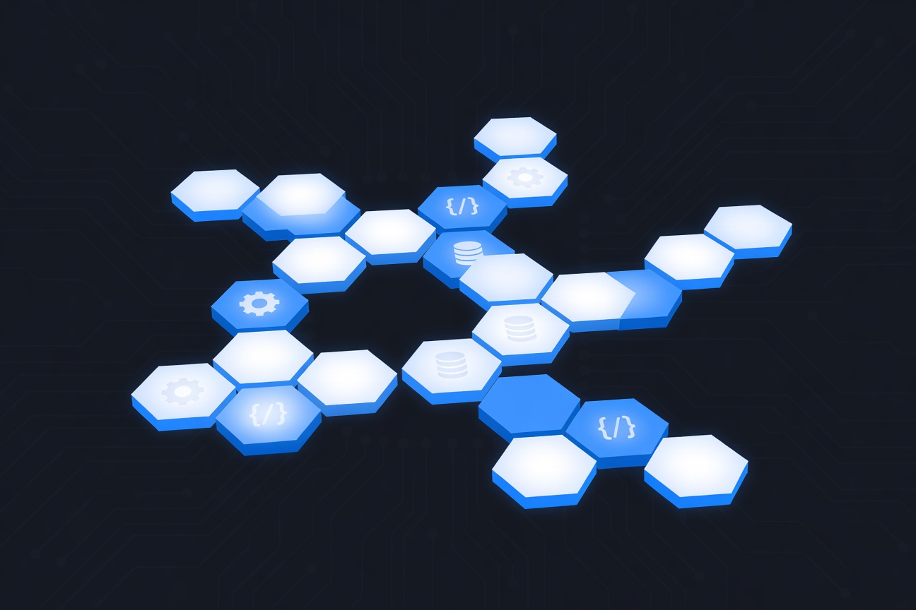 A set of glowing modular puzzle pieces assembling into a hexagonal AI agent brain, floating in a dark circuit-board environment