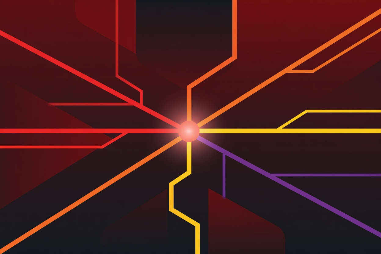Abstract visualization of four diverging paths from a central AI node, each path glowing with a different warning color