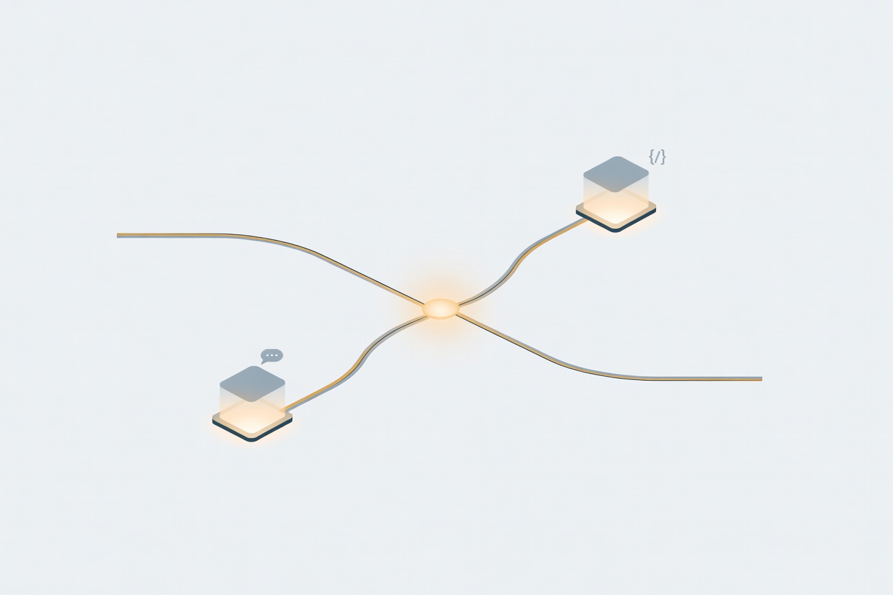 Two abstract flow diagrams diverging from a single node — one labeled interactive, one labeled programmatic — each leading to separate resource pools
