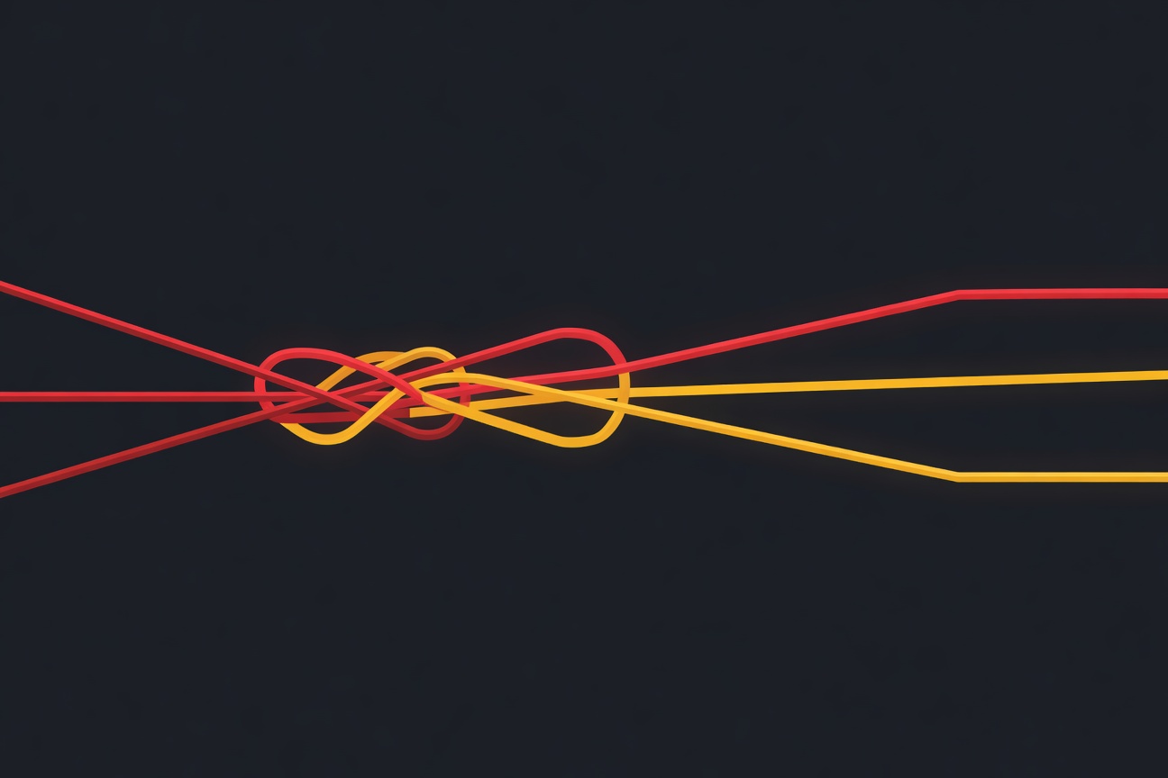 Three tangled wires being untangled one by one, symbolizing layered bug fixes and clarity restored