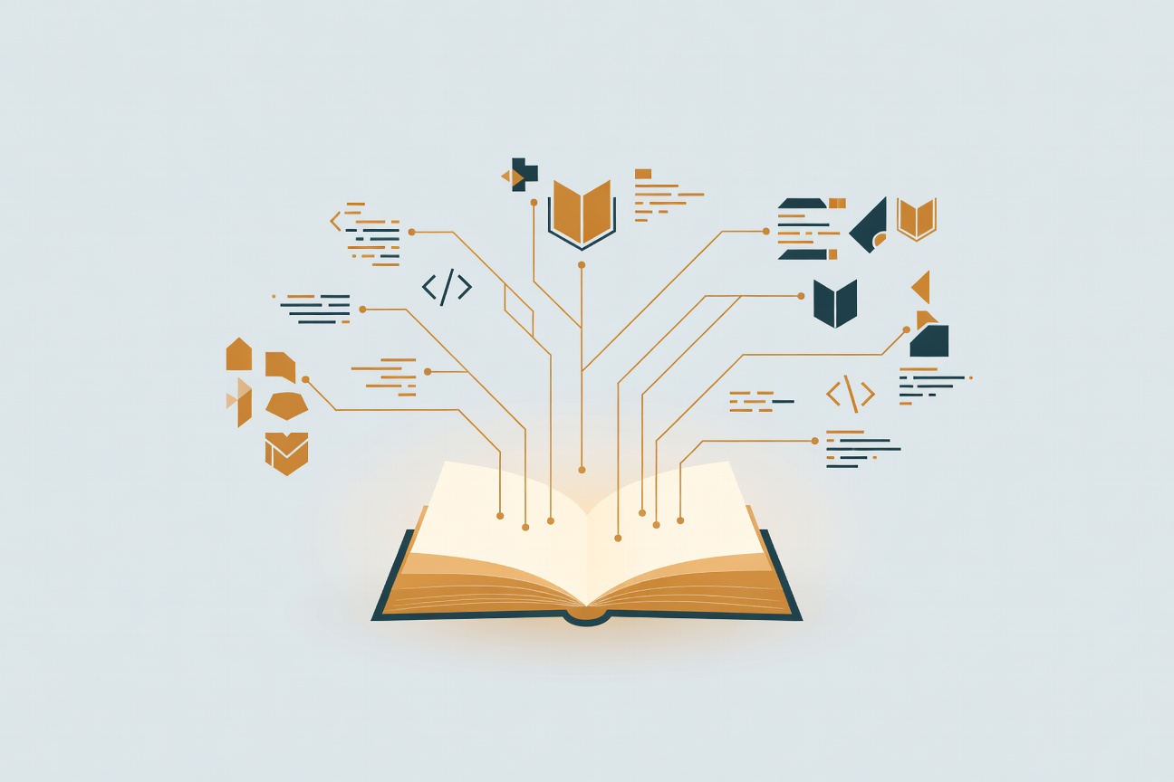 An open book with glowing code fragments and branching workflow lines representing an agent-first operational guide
