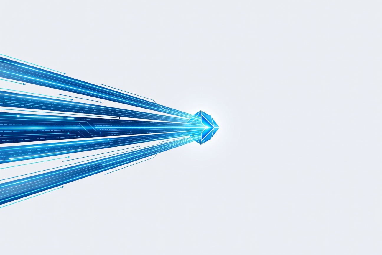 Multiple glowing code streams merging into a single review checkpoint node, rendered in cool blue tones