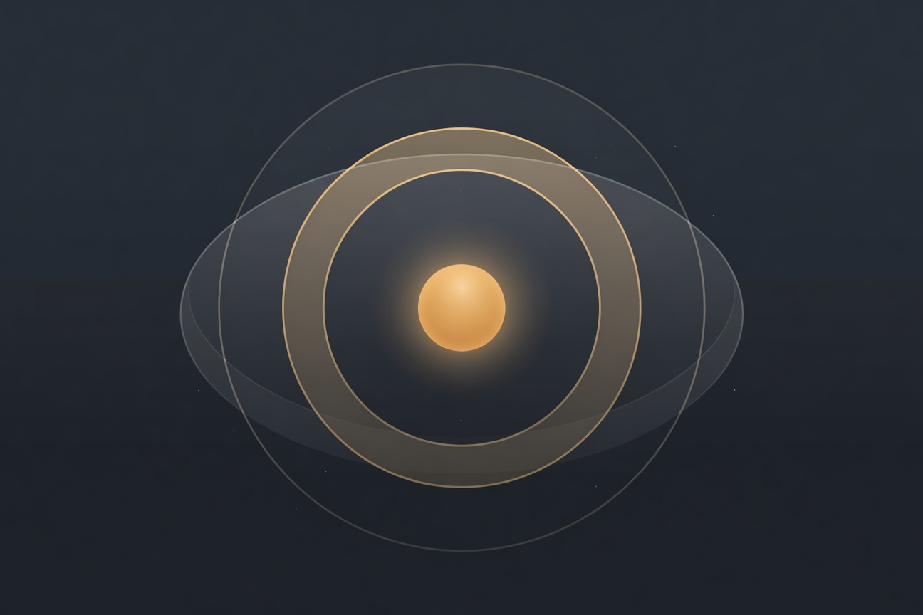 A glowing sphere inside nested translucent concentric shells representing layered containment barriers in a dark space