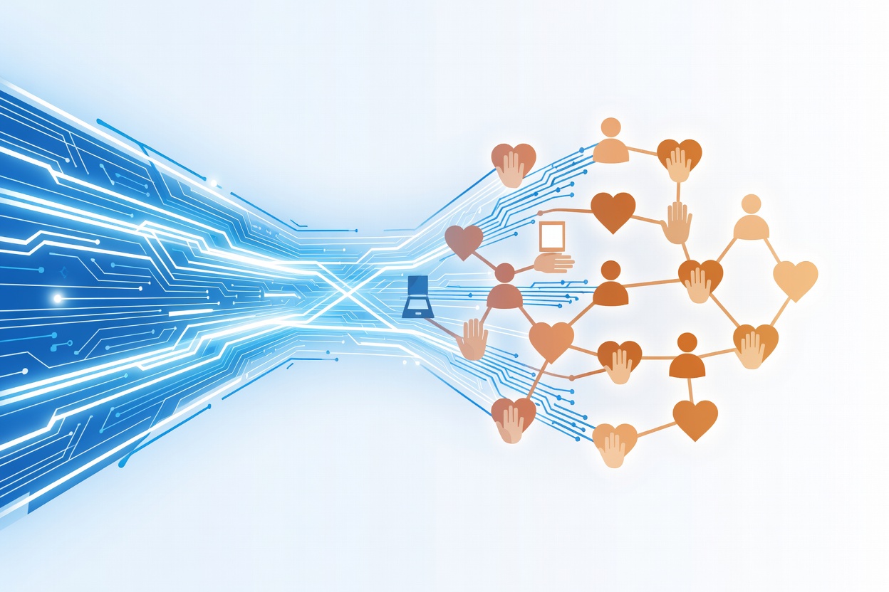 A symbolic scene of digital AI streams connecting to physical community organizations — abstract glowing network threads bridging a circuit board and a heart shape