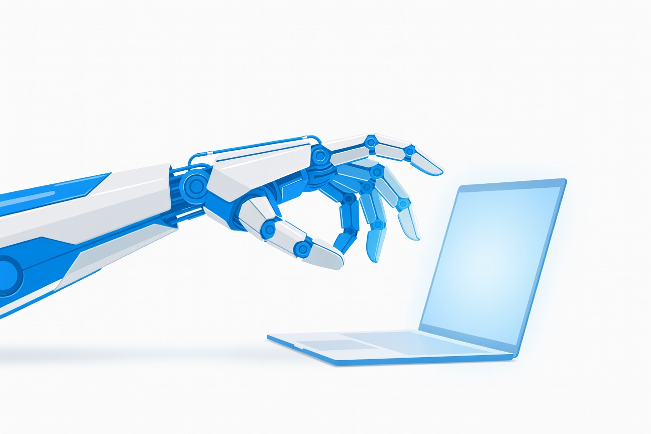 An abstract mechanical claw arm reaching toward a glowing laptop screen, rendered in flat vector style with blue and white tones