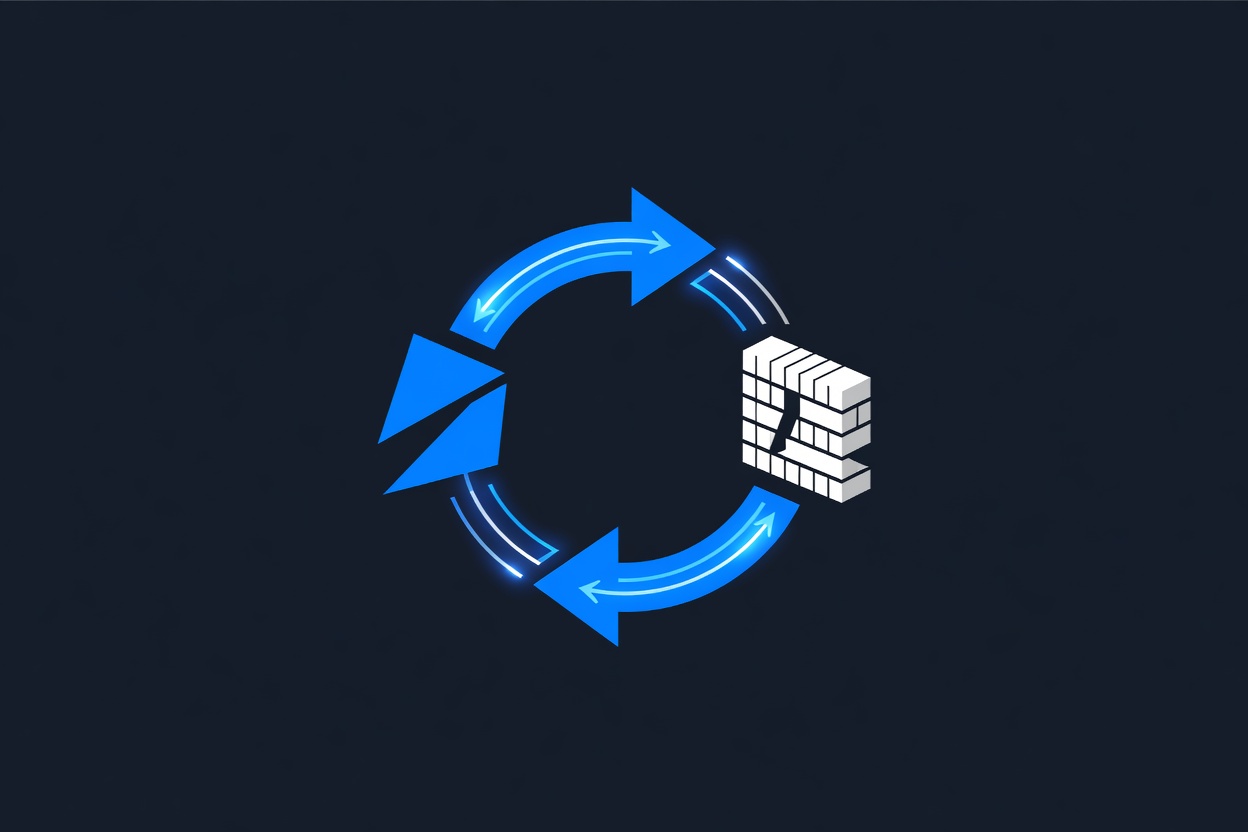 Two abstract arrows forming a perfect loop between two geometric shapes, representing bidirectional data flow in a design-code pipeline