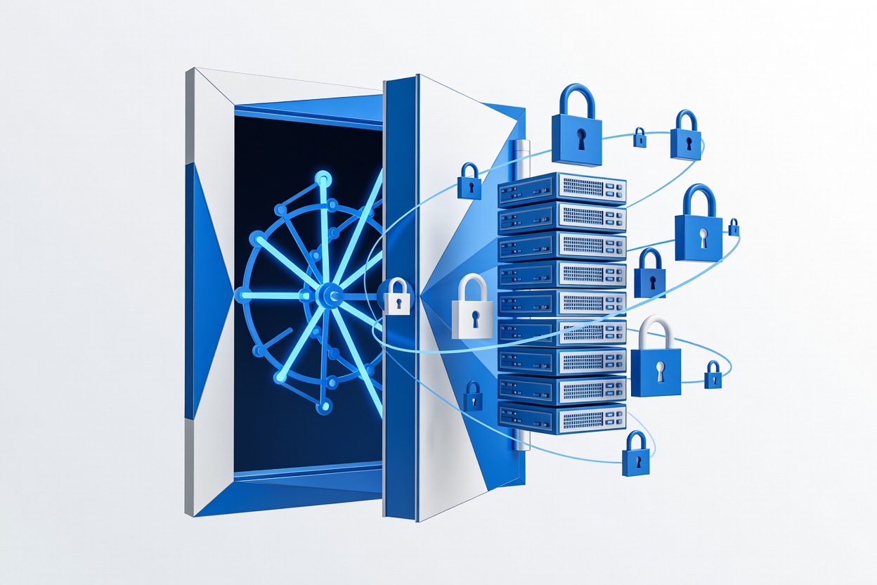 Abstract vault door half-open, glowing blue clock hands arranged in a cron pattern, floating padlock shapes orbiting an enterprise server rack silhouette