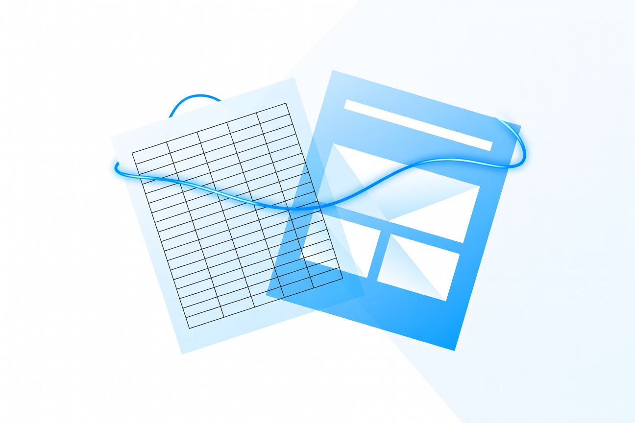 Two overlapping document shapes — a spreadsheet grid and a slide deck — connected by a glowing thread