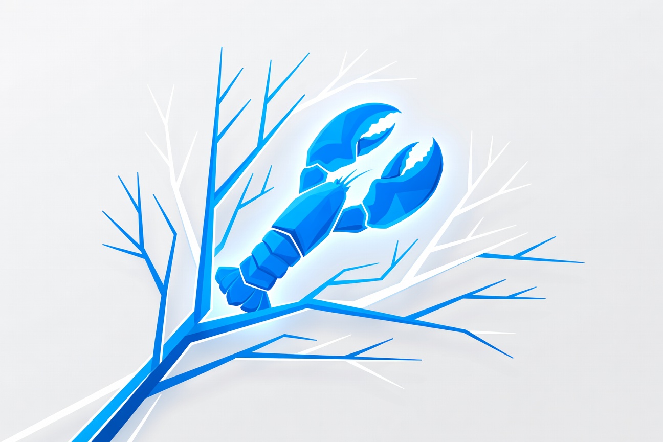 A glowing open-source lobster claw emerging from branching code tree branches on a dark background