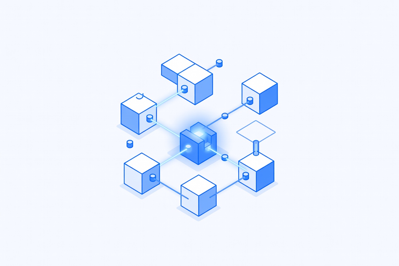 A compact toolbox with glowing connectors and small modular blocks arranged around a central Claude logo-shaped node