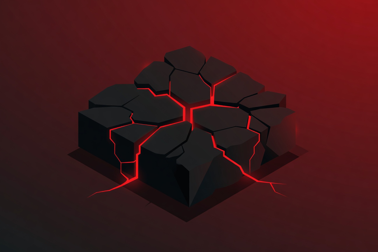 Abstract fractured code block with glowing red fault lines spreading through dark crystalline structure, representing security vulnerabilities hidden in generated code