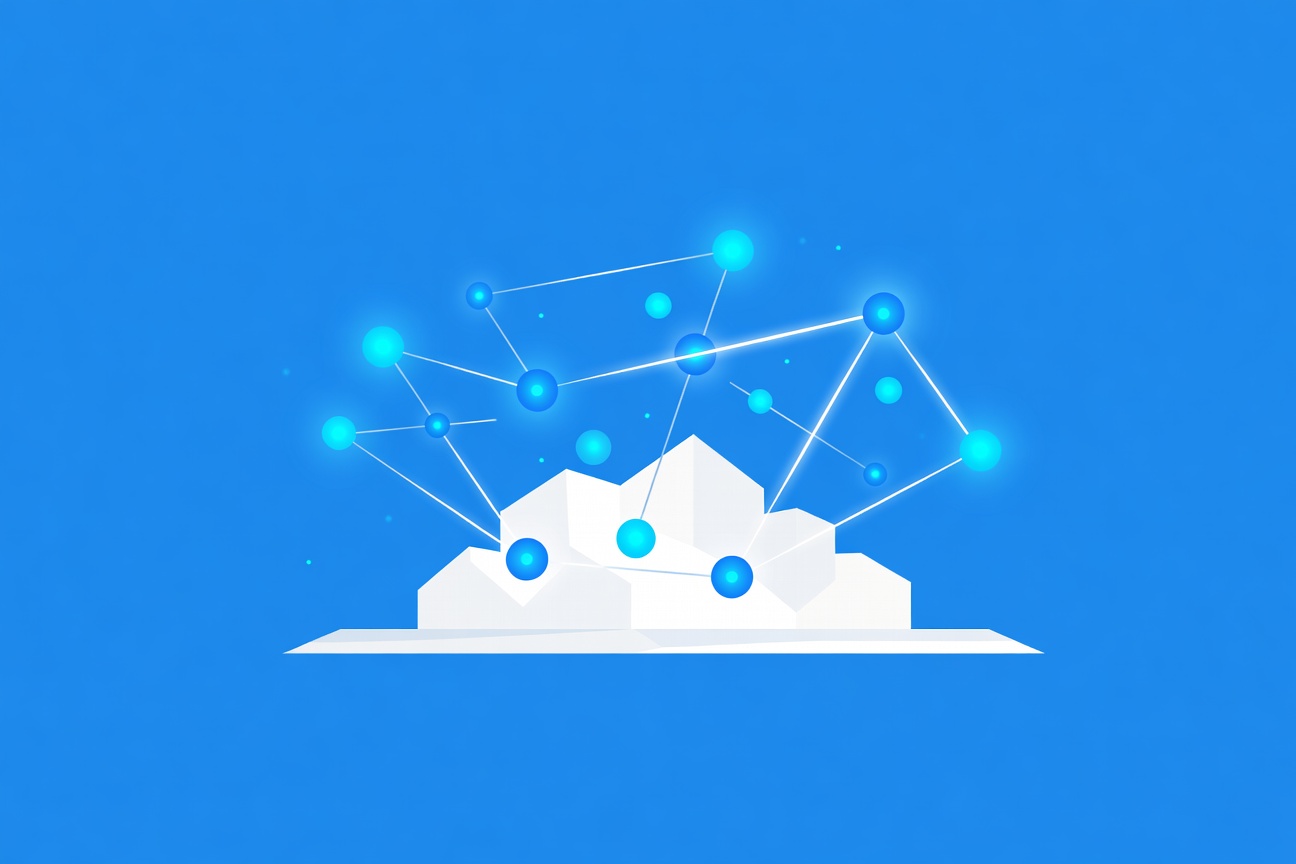 A glowing constellation of interconnected nodes forming an orbital network above a minimalist cloud structure, representing managed agent orchestration