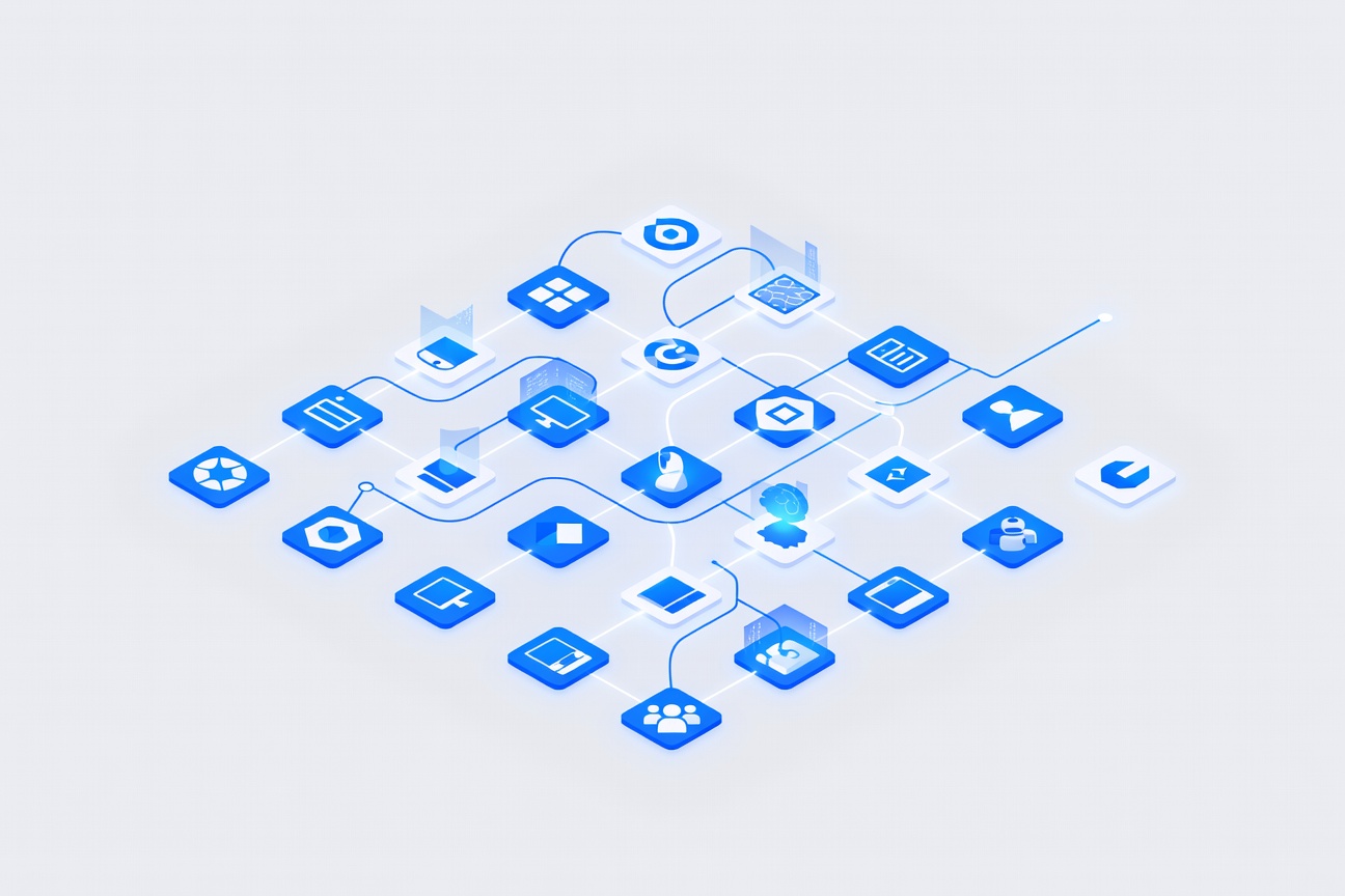 A digital marketplace with glowing app tiles arranged in a grid, each representing different software tools connected by flowing data streams