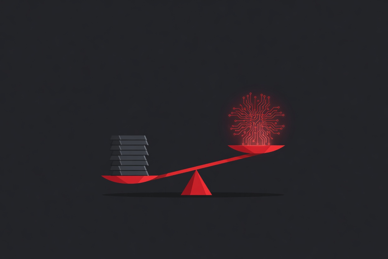 An abstract scale of justice with a glowing AI circuit pattern on one side and currency symbols on the other, rendered in minimalist geometric style