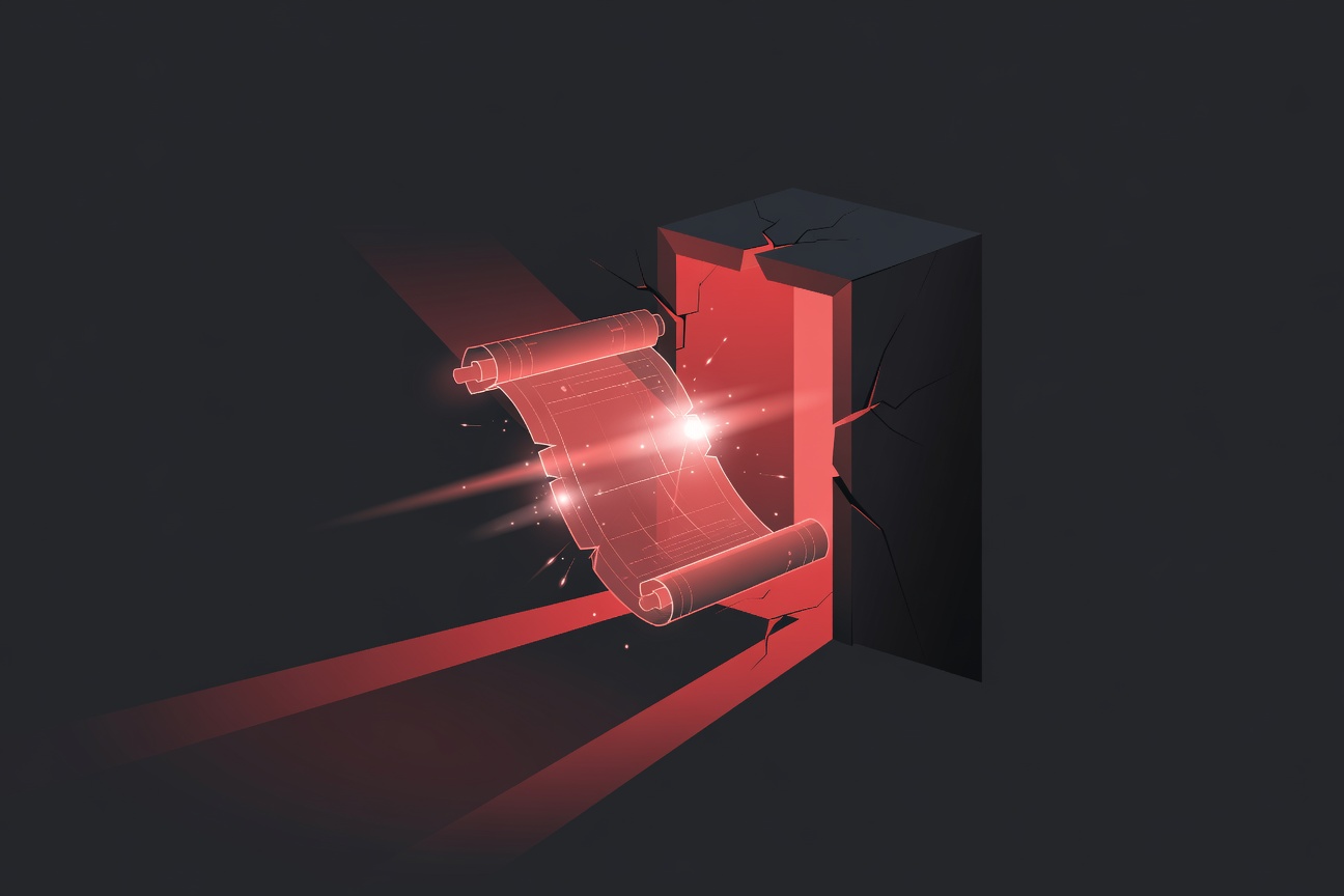 A glowing mythological scroll partially unrolled, revealing light escaping from a cracked digital vault in deep blue and gold tones